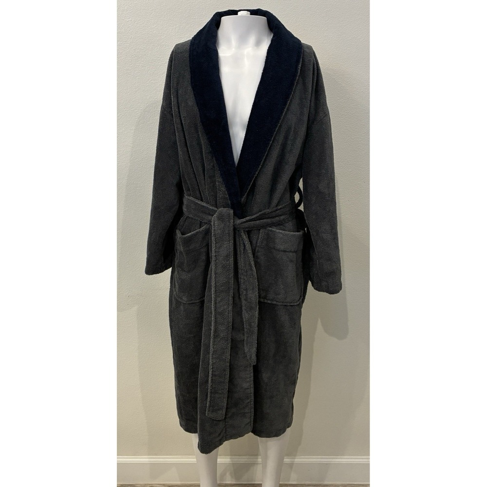 Vintage Nautica Men's Soft Luxurious Bathrobe O/S Gray/Navy Cotton Blend Pockets